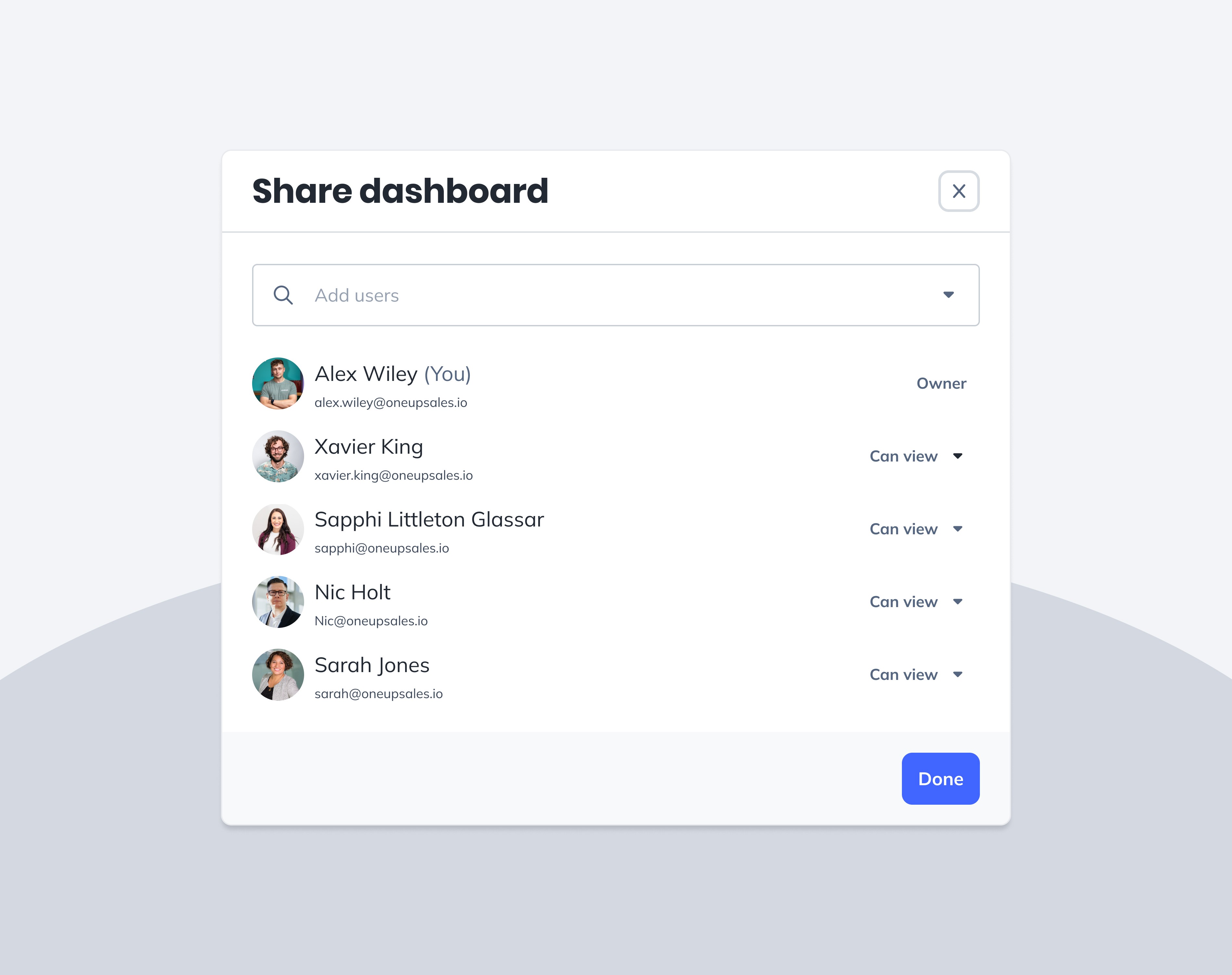 A share modal for the dashboard product