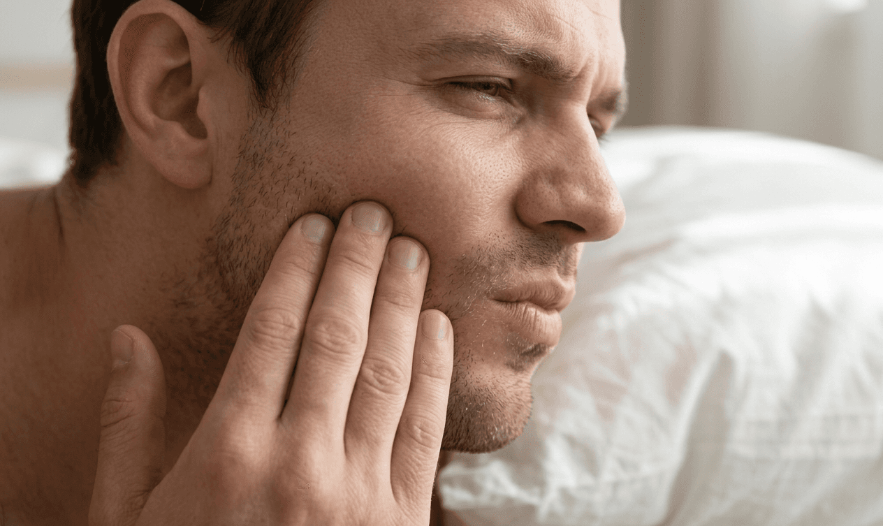Man experiencing a nighttime toothache that feels worse while lying in bed