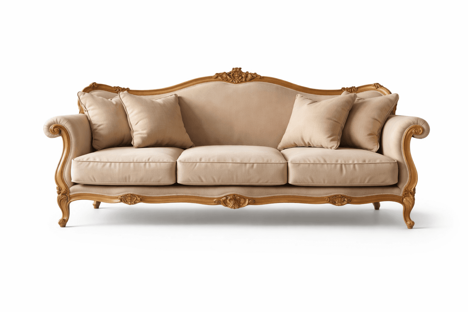 Elegant classic sofa featuring carved wood accents, layered cushions, and graceful curves
