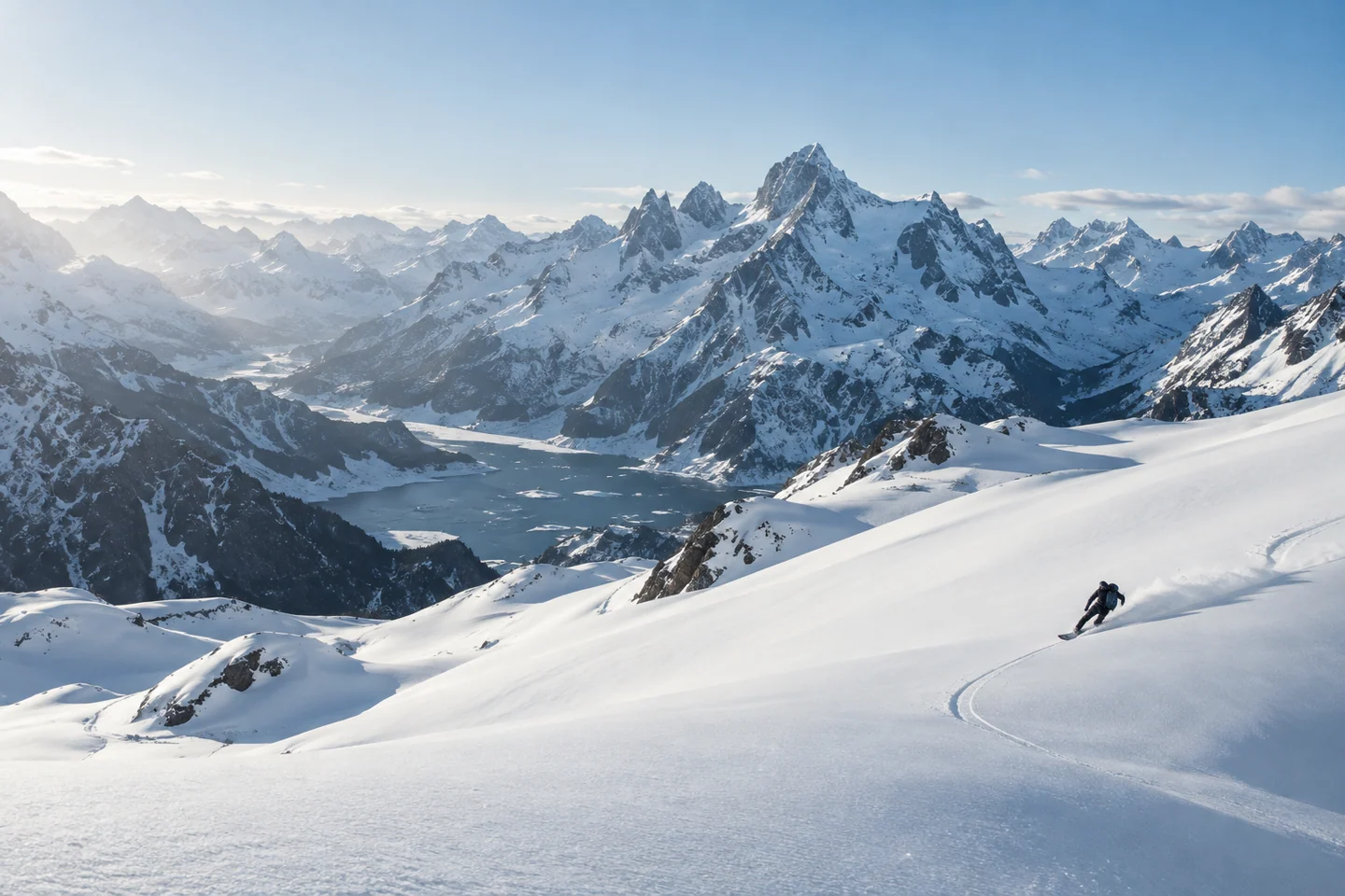 A snowboarder carving through fresh snow beneath an alpine mountain range