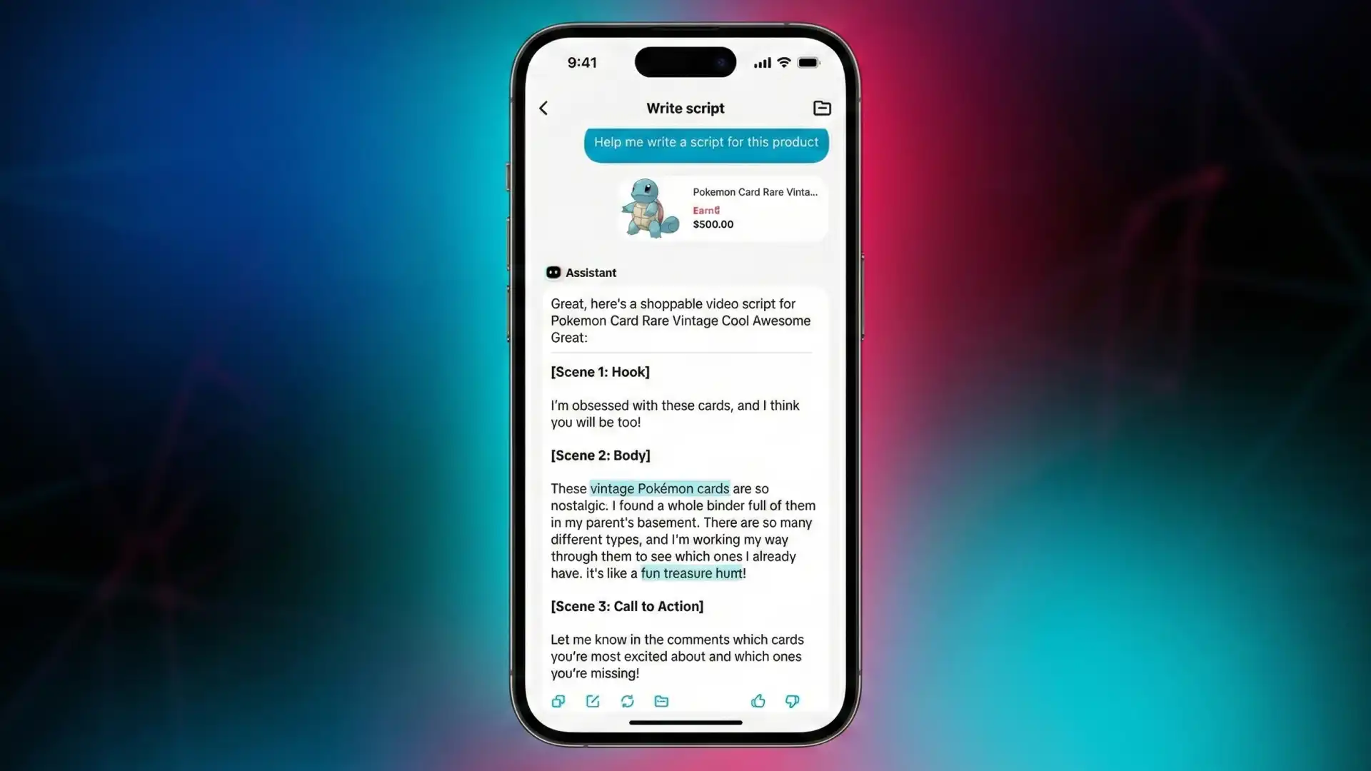 AI-generated shoppable video script with hook, body, and call-to-action structure for TikTok Shop product promotion optimization