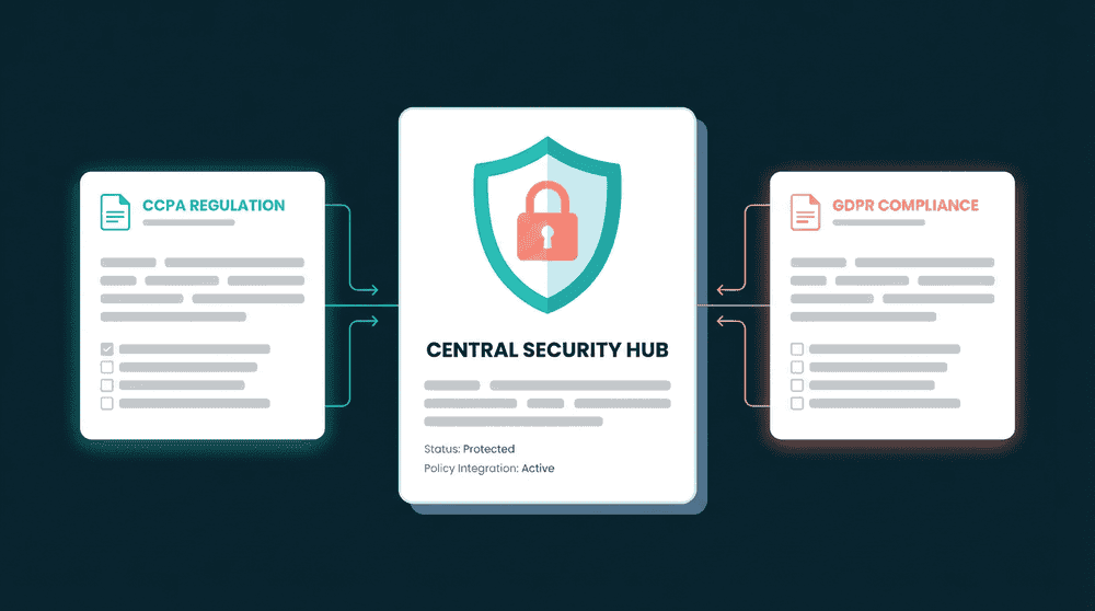 Shield and policy document cards representing privacy-compliant SaaS data sync