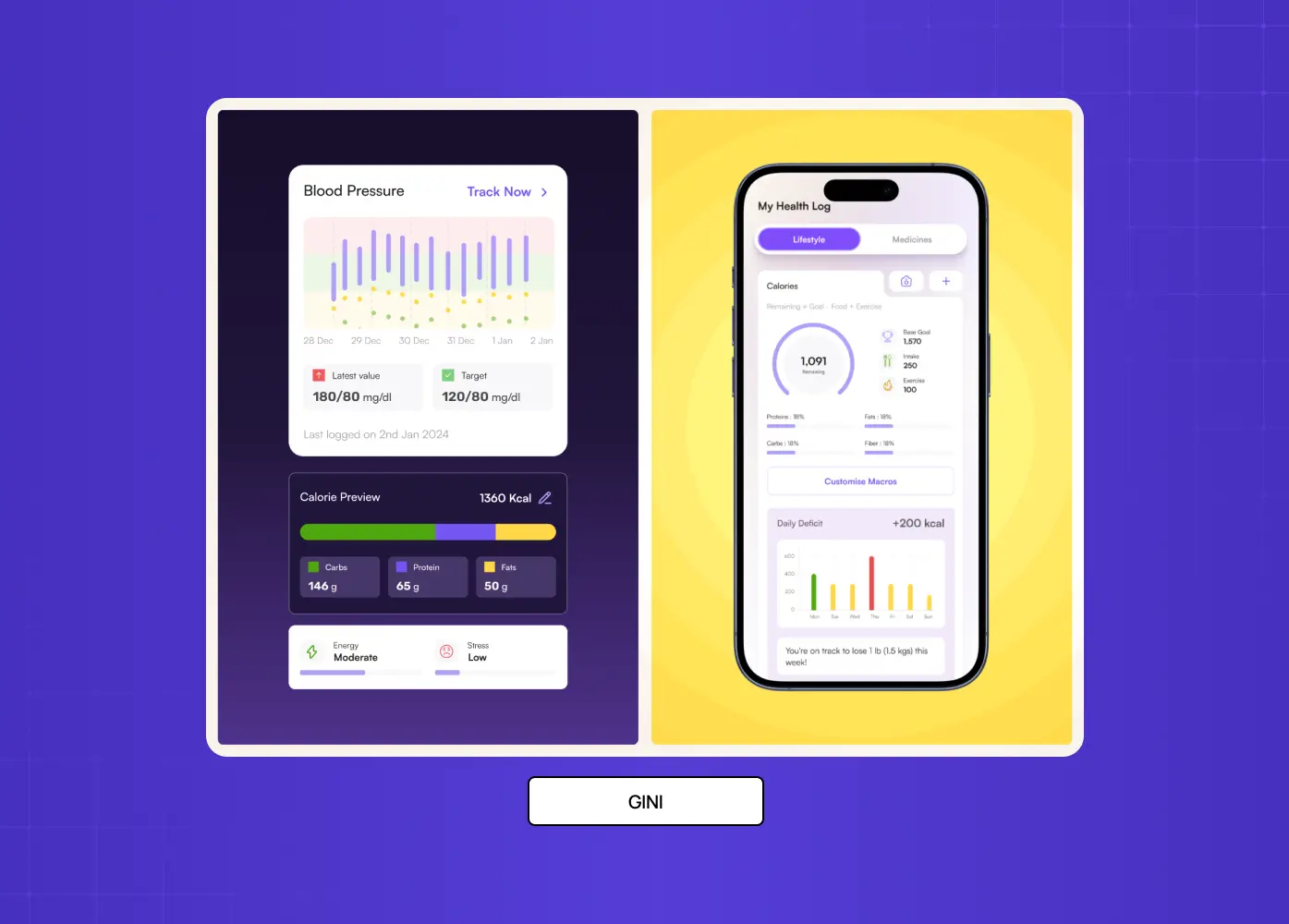 Mobile health tracking interface displaying fitness metrics, nutrition insights, progress charts, and personalized wellness data in a clean dashboard layout.