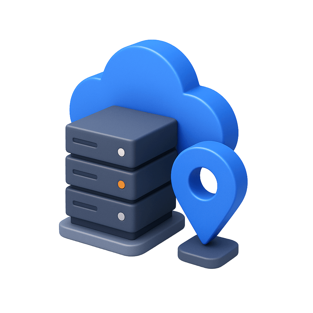 A large server with a cloud sitting behind it, as well as a location indicator. It is stylized as a blue 3D icon set made for CSIT.