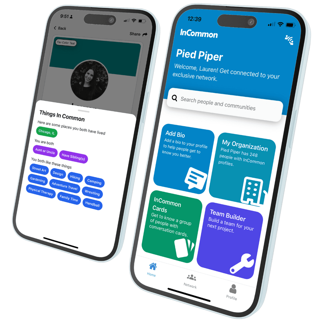 Side by side iPhones showing screens from the InCommon app