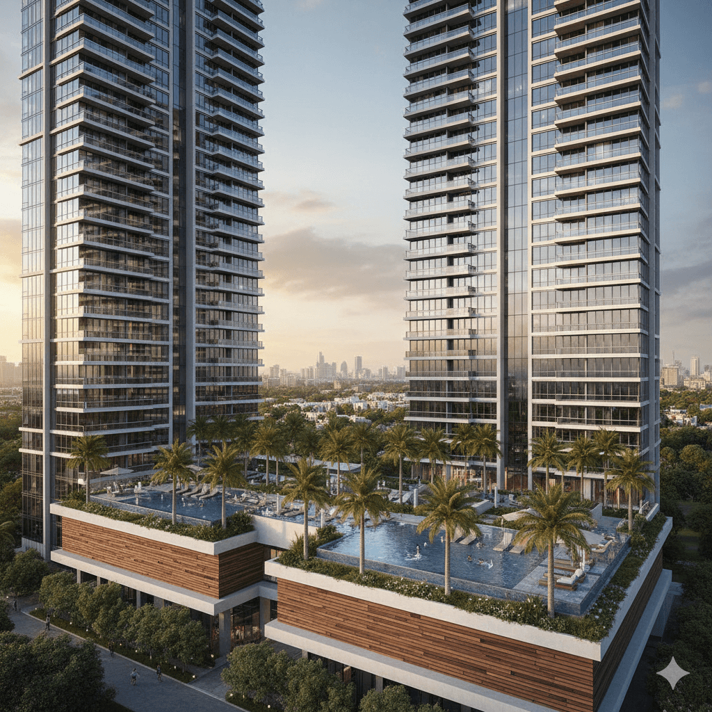 Modern high-rise luxury apartment towers at M3M International City in Manesar, Gurgaon