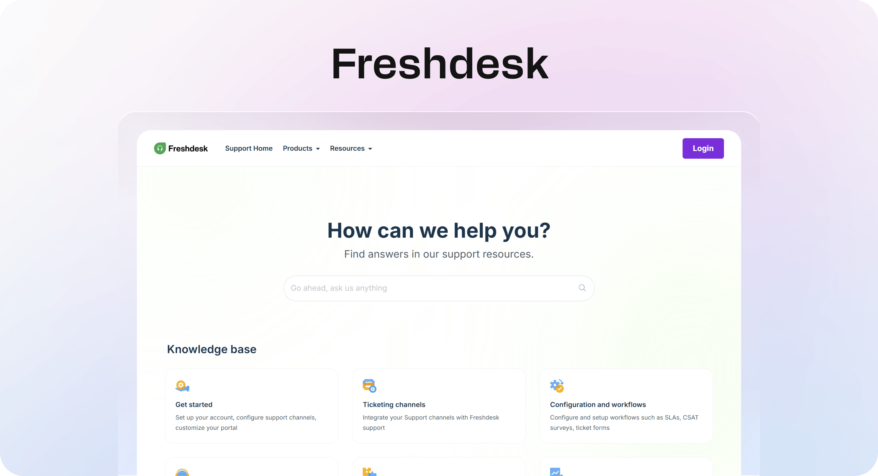 Freshdesk support portal with search bar and knowledge base category cards