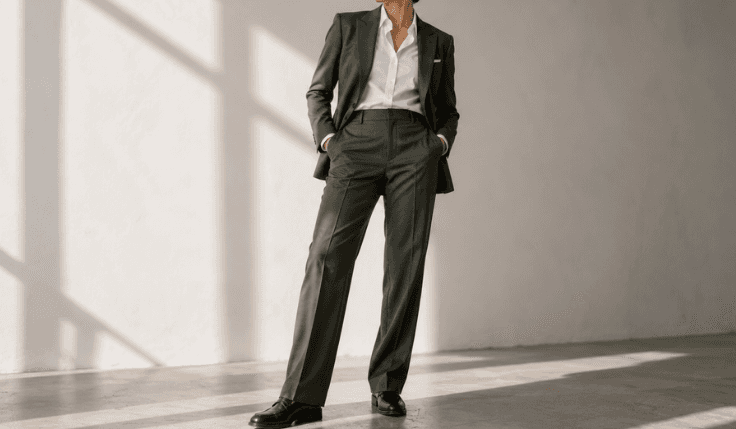 Woman wearing a custom masculine tailored suit with a relaxed androgynous fit