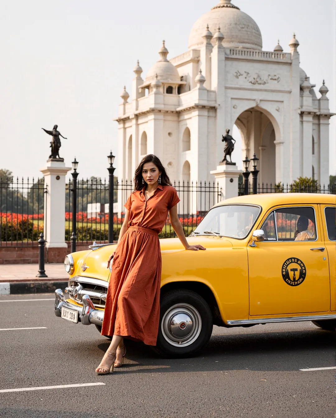 Striking fashion composition featuring a rust-orange dress against a vintage yellow taxi with historic white architecture in background