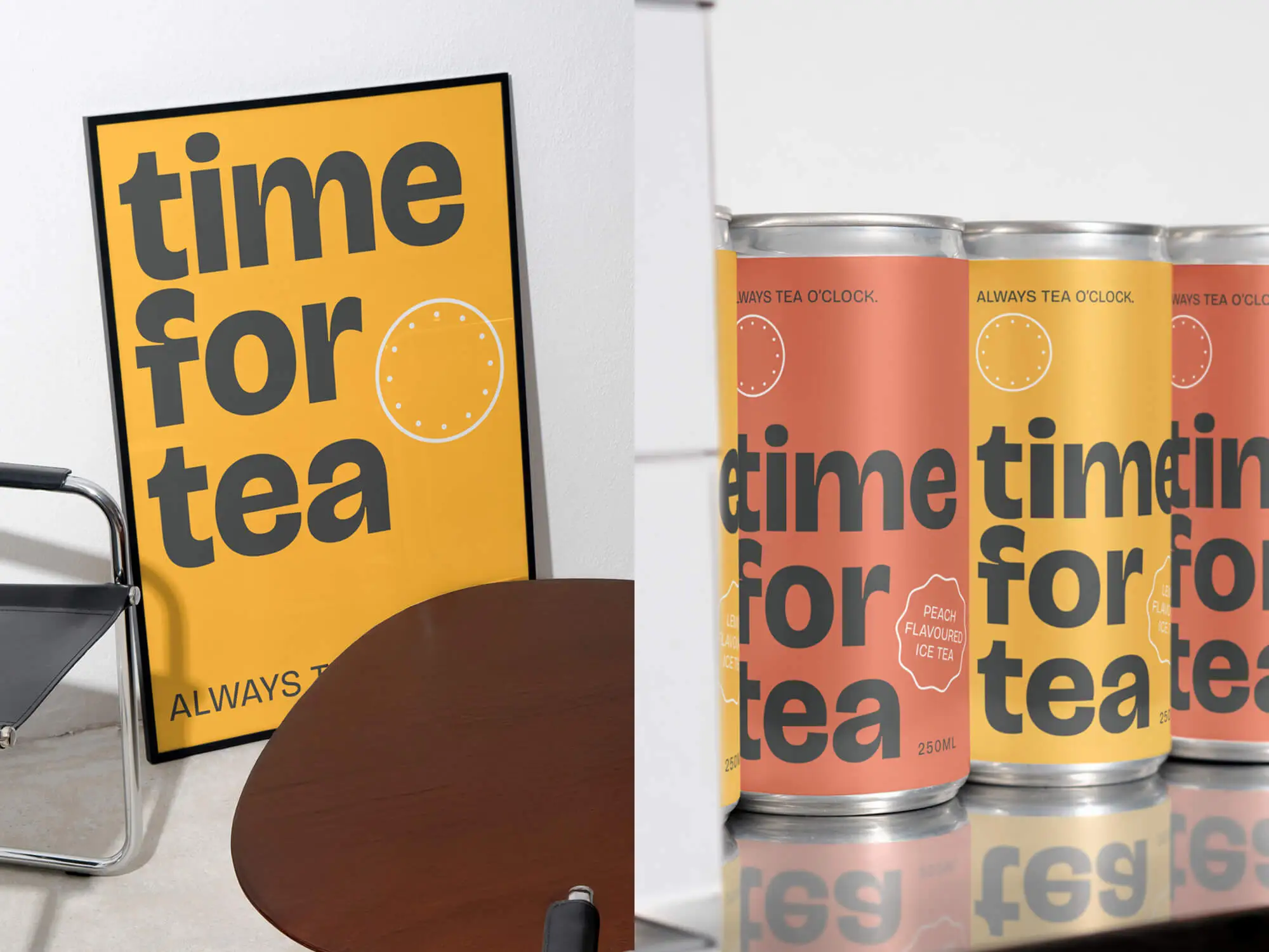 Inramad Time for Tea-affisch tillsammans med teburkar på en hylla, som visar varumärkets förpackningsdesign och visuella identitet.