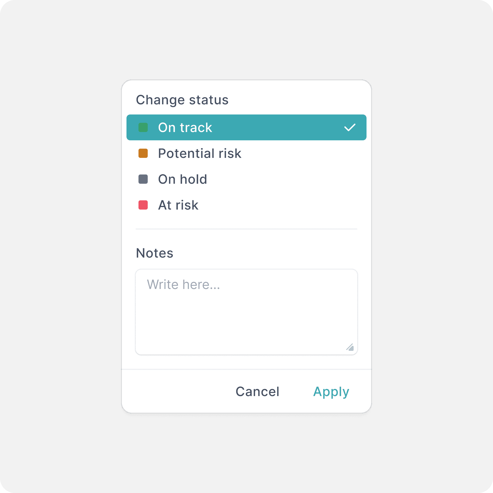 Dropdown menu for changing project status to “On track,” “Potential risk,” “On hold,” or “At risk,” with an optional notes field.