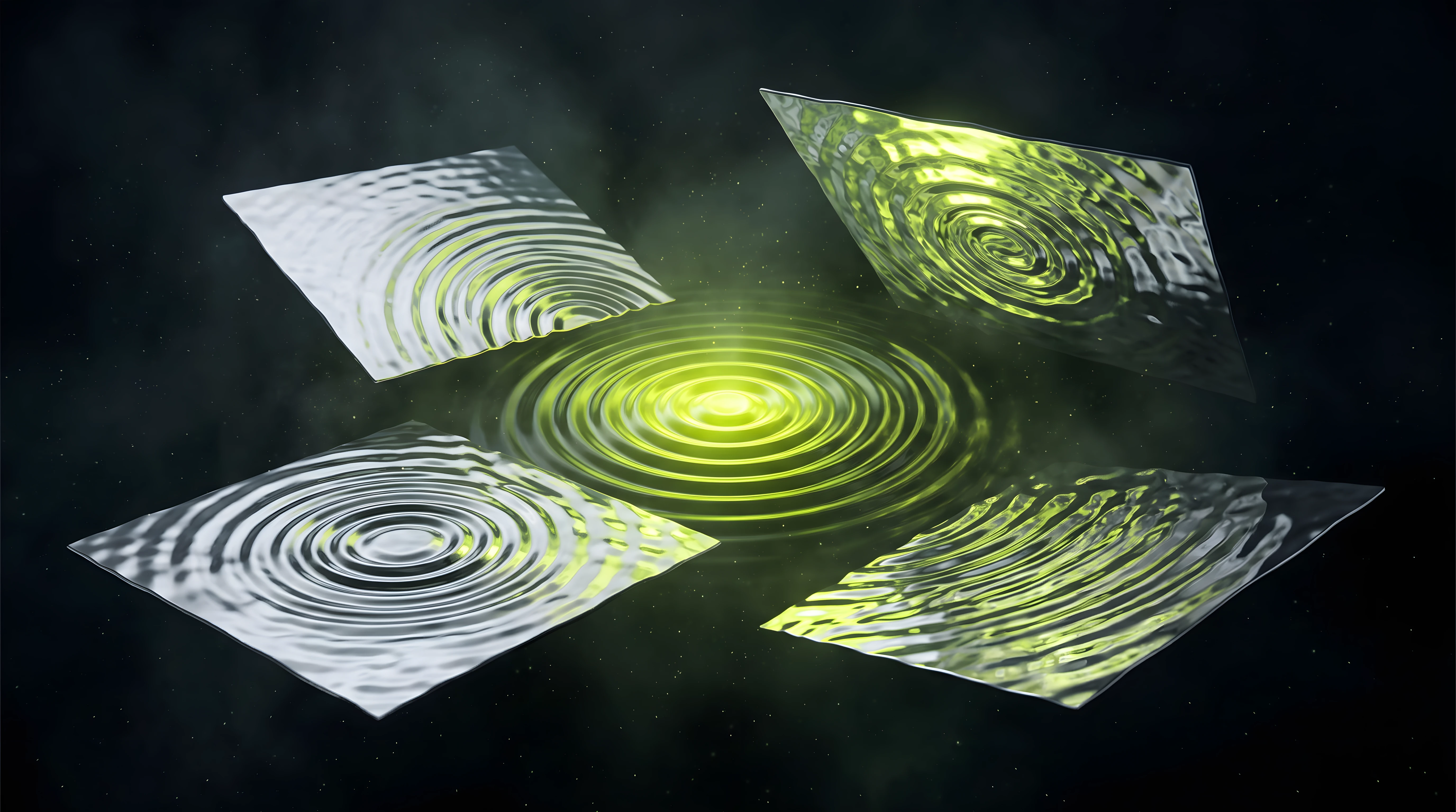 A single sound mark radiating as concentric toxic lime ripples across several abstract surfaces in deep void black, evoking one sound tested on phone speaker, ad pre-roll and app open.