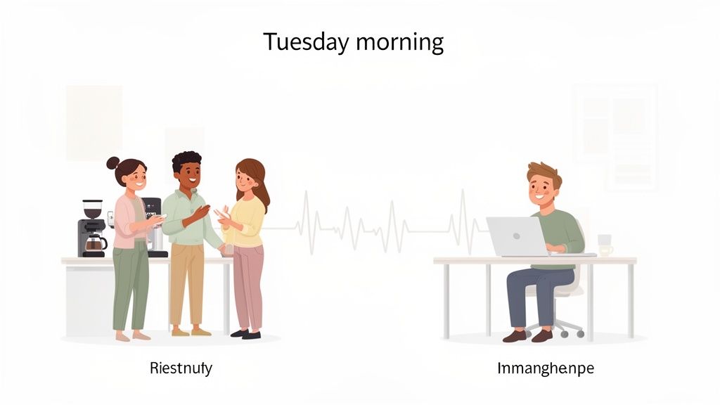 Tuesday morning scene: colleagues chatting around coffee, contrasted with a man working alone on a laptop.