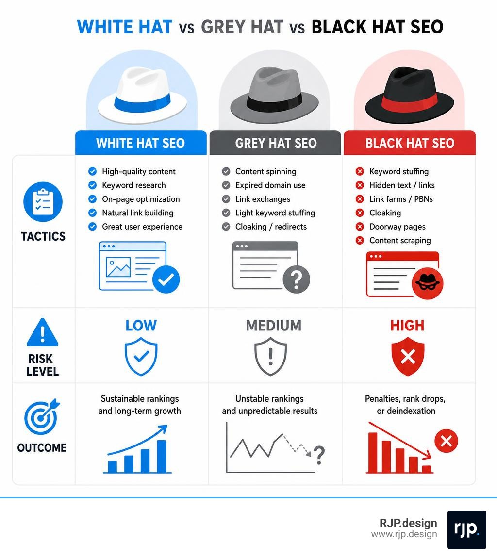 Infographic comparing White Hat, Grey Hat, and Black Hat SEO tactics, risks, and outcomes infographic