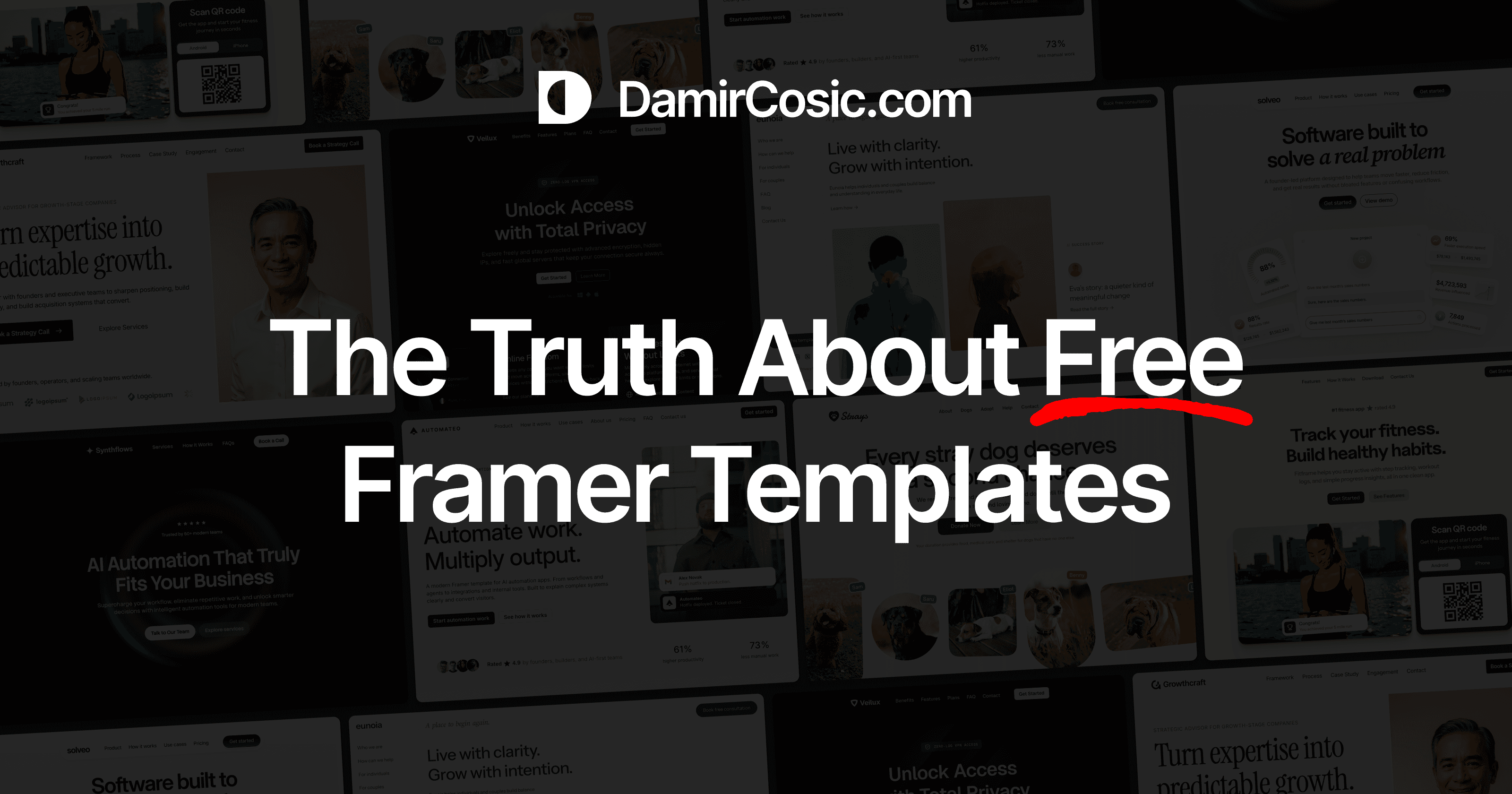Blog post cover image showing multiple Framer template previews in the background with the title The Truth About Free Framer Templates overlaid in white text on a dark background, published on DamirCosic.com