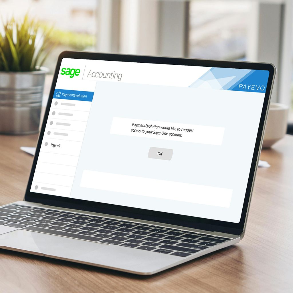 Laptop screen showing Sage One account access authorization request from PaymentEvolution