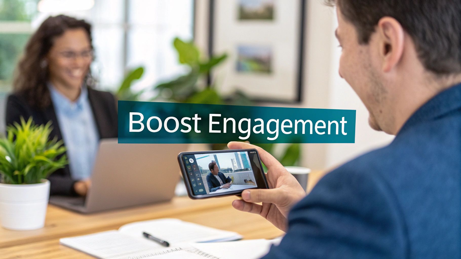 A man watches a business video call on his phone, while a woman works on a laptop in the background.