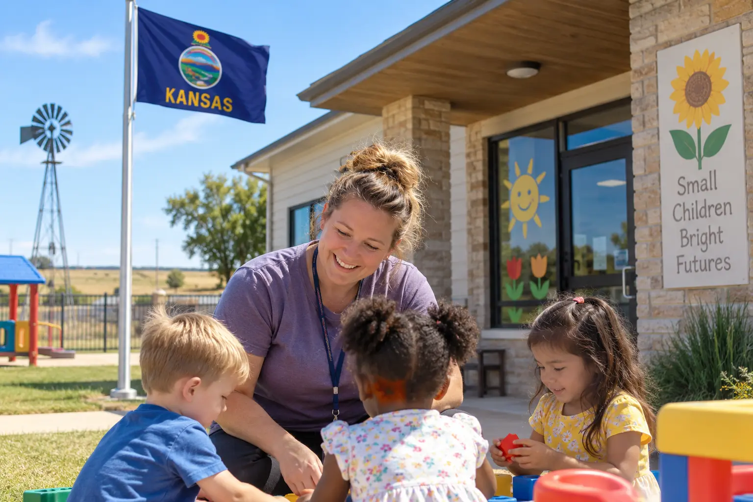 a woman plays with three children outside a child care center with a kansas flag flying outside it