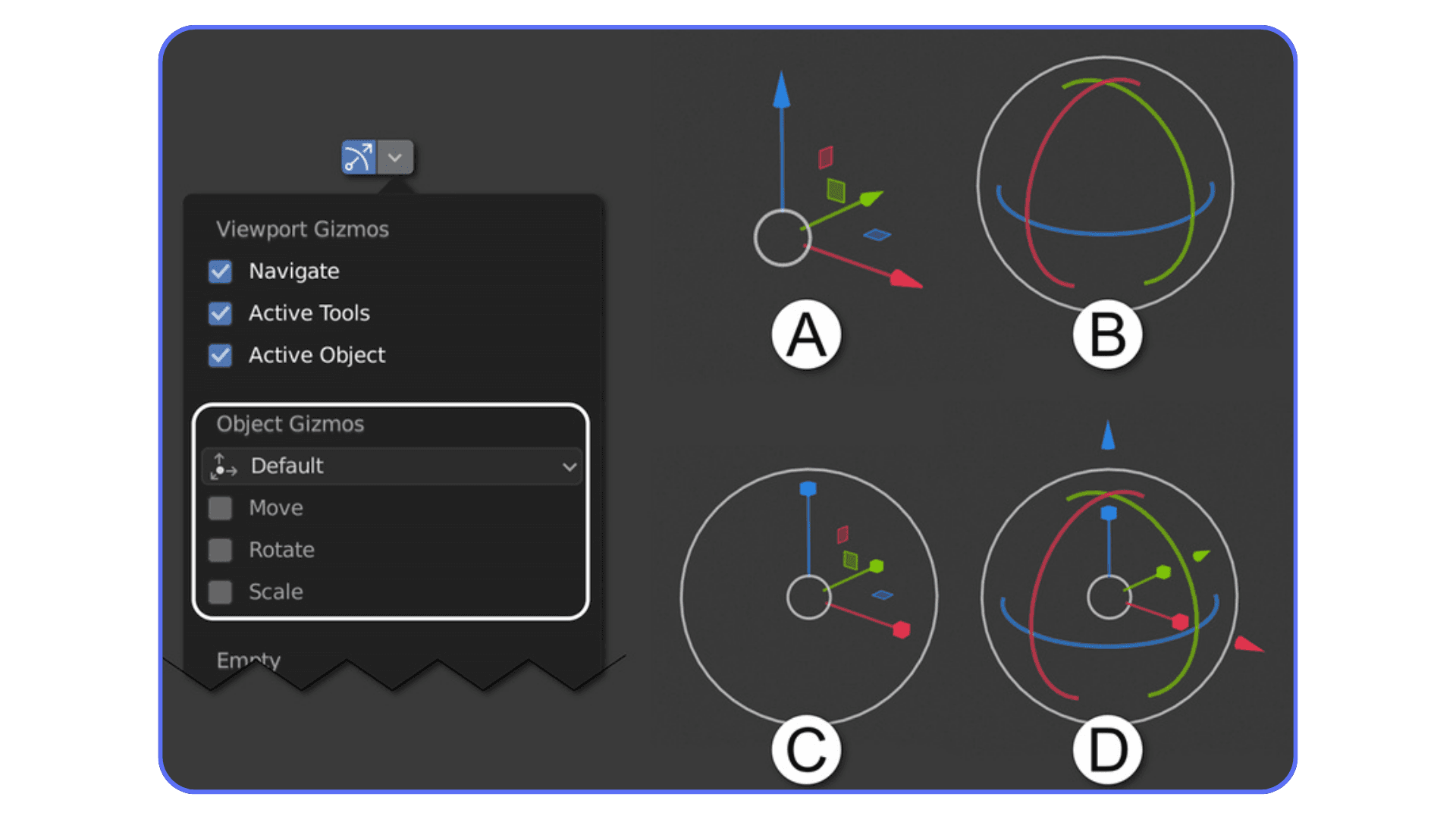Blender viewport gizmo settings and transform gizmos for move, rotate, and scale tools