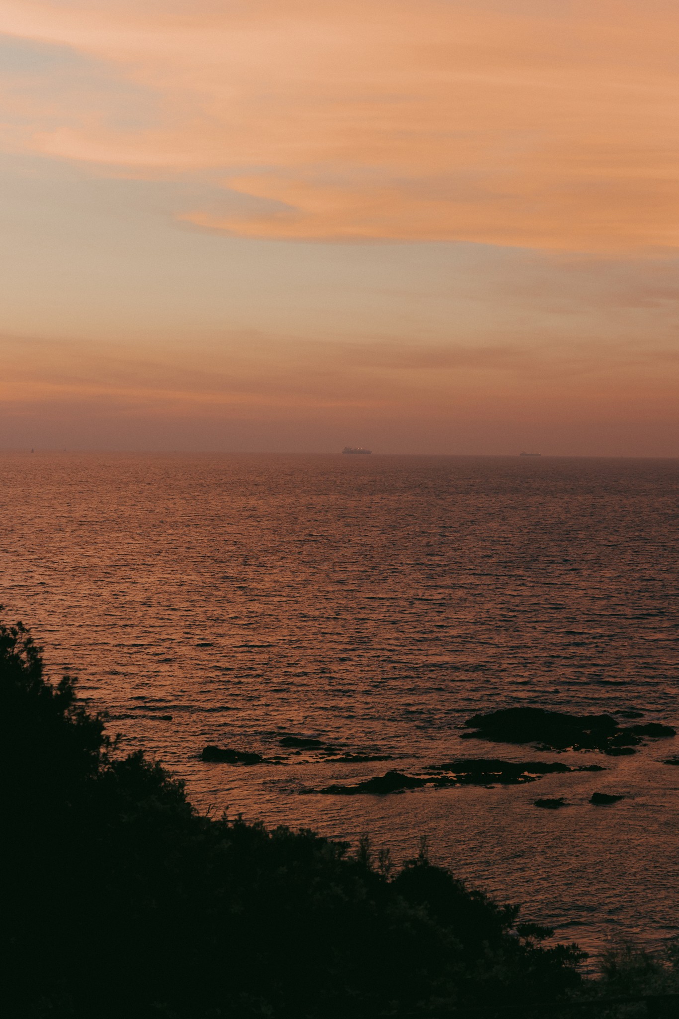 Tramonto dorato sulla scogliera di Bolgheri, mare calmo e vegetazione in ombra al crepuscolo matrimoniale