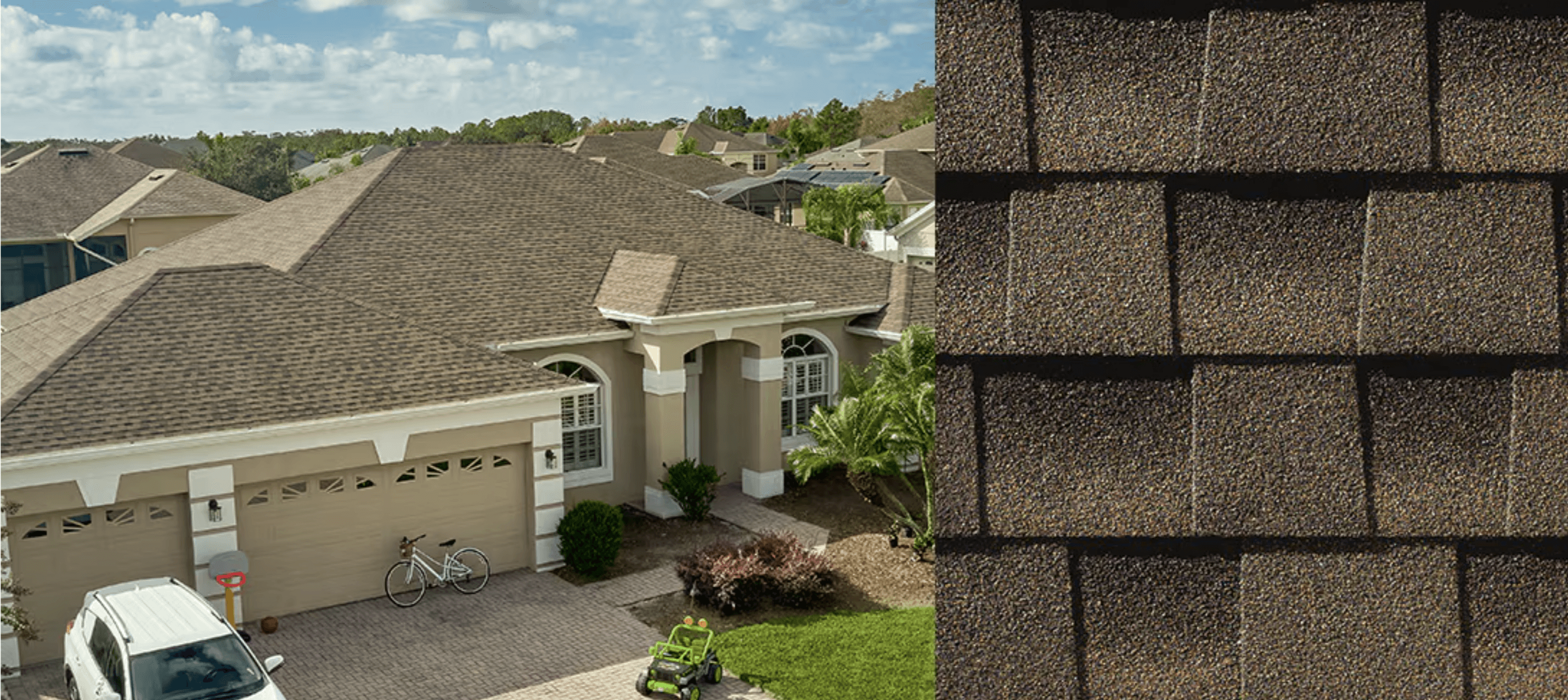 Combined beauty shot and swatch for GAF Timberline HDZ Barkwood shingles.