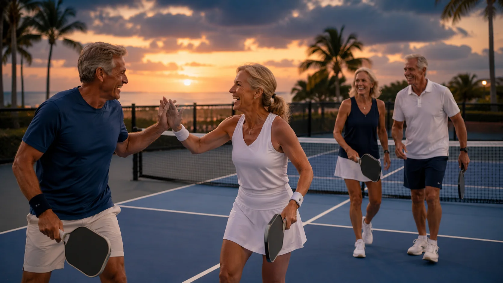 Active older adults playing pickleball at sunset in Naples, Florida — regenerative medicine patient lifestyle, Florida Orthopedic & Spine Institute