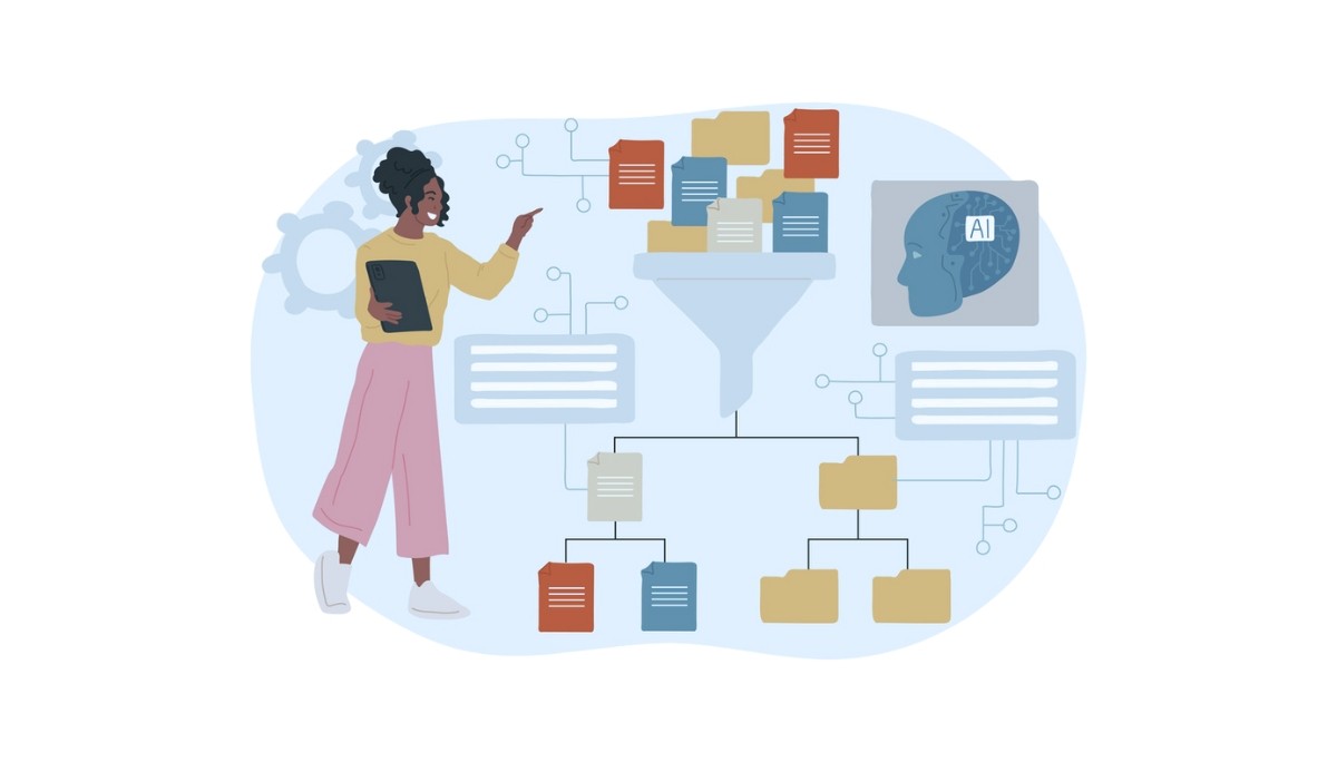 Illustration of a person using a tablet to filter colorful documents through a funnel into organized folders, with an AI-labeled brain icon nearby.