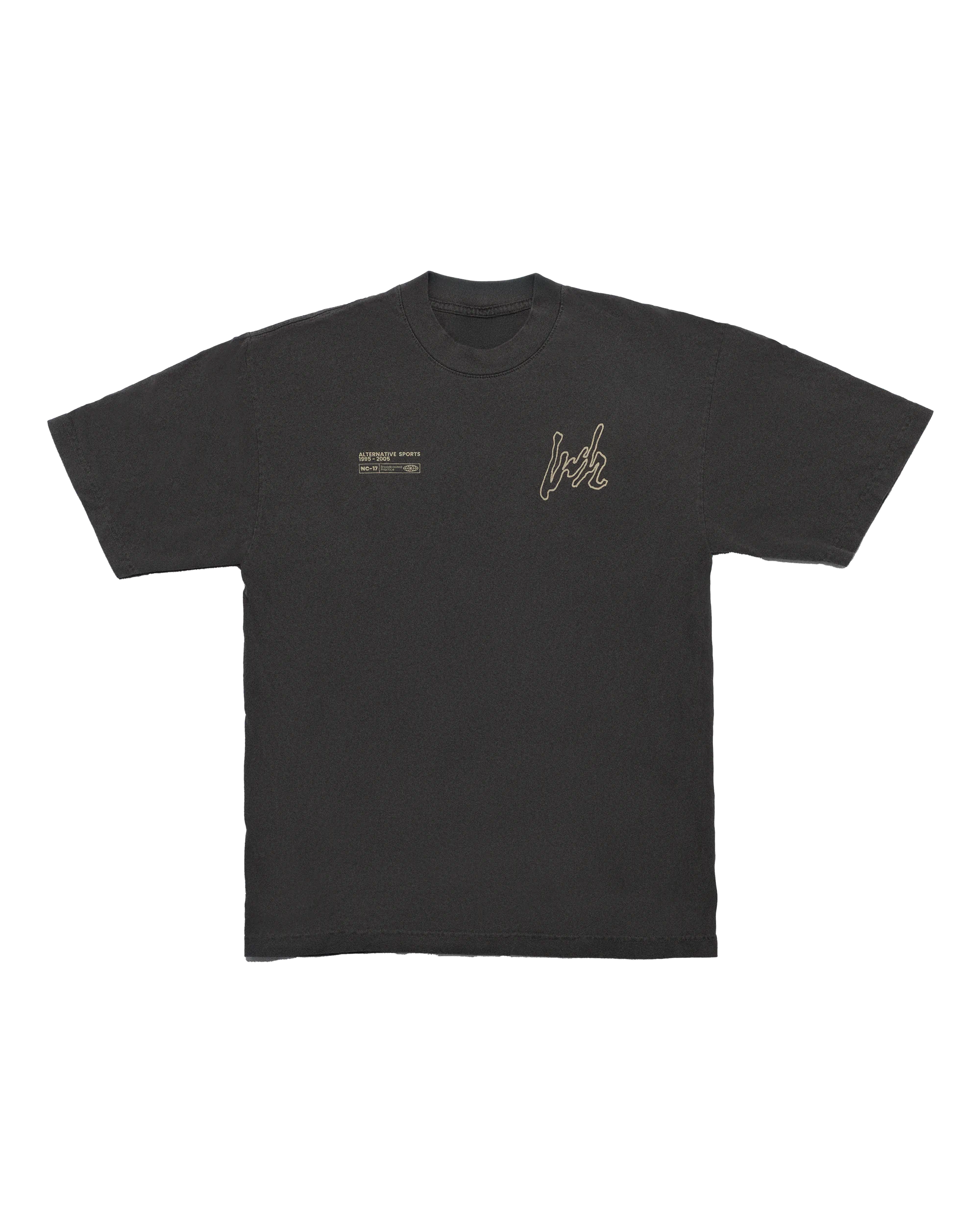 Grey Alternative Sports T-Shirt featuring silkscreen print of the alternative LWH mark and advisory label in sesame.