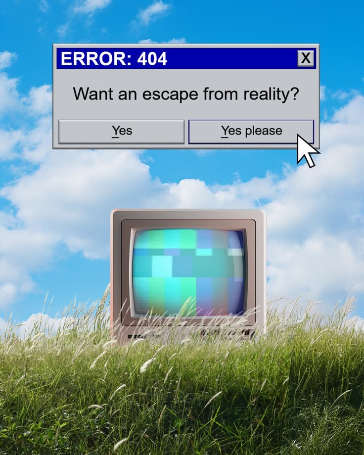 Fake error popup reading Error 404, Want an escape from reality, overlaid on an old TV set in a grassy field