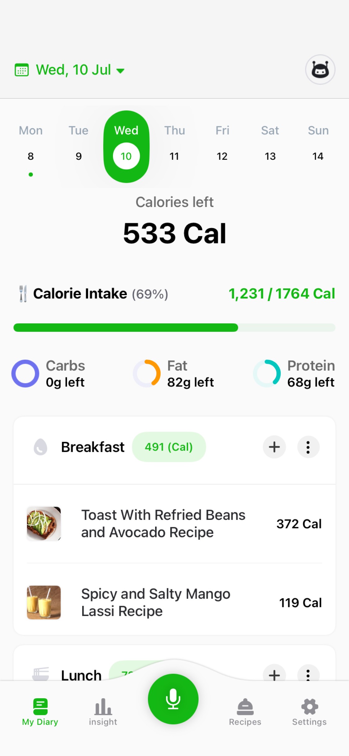 User profile setup screen showing personalized nutrition goals in the Caloric app