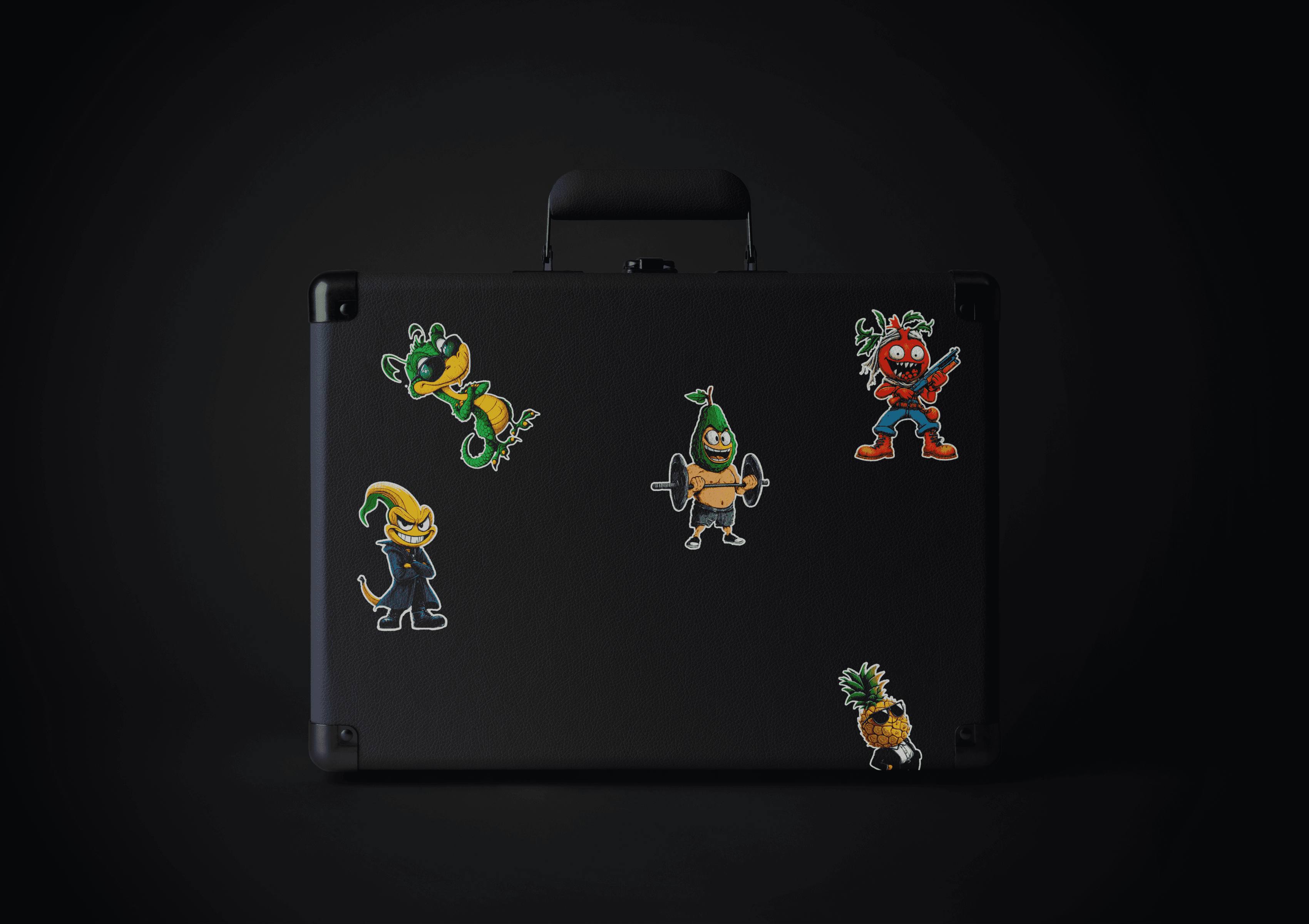 NarCoin character stickers applied on a black briefcase — branding and visual identity preview.