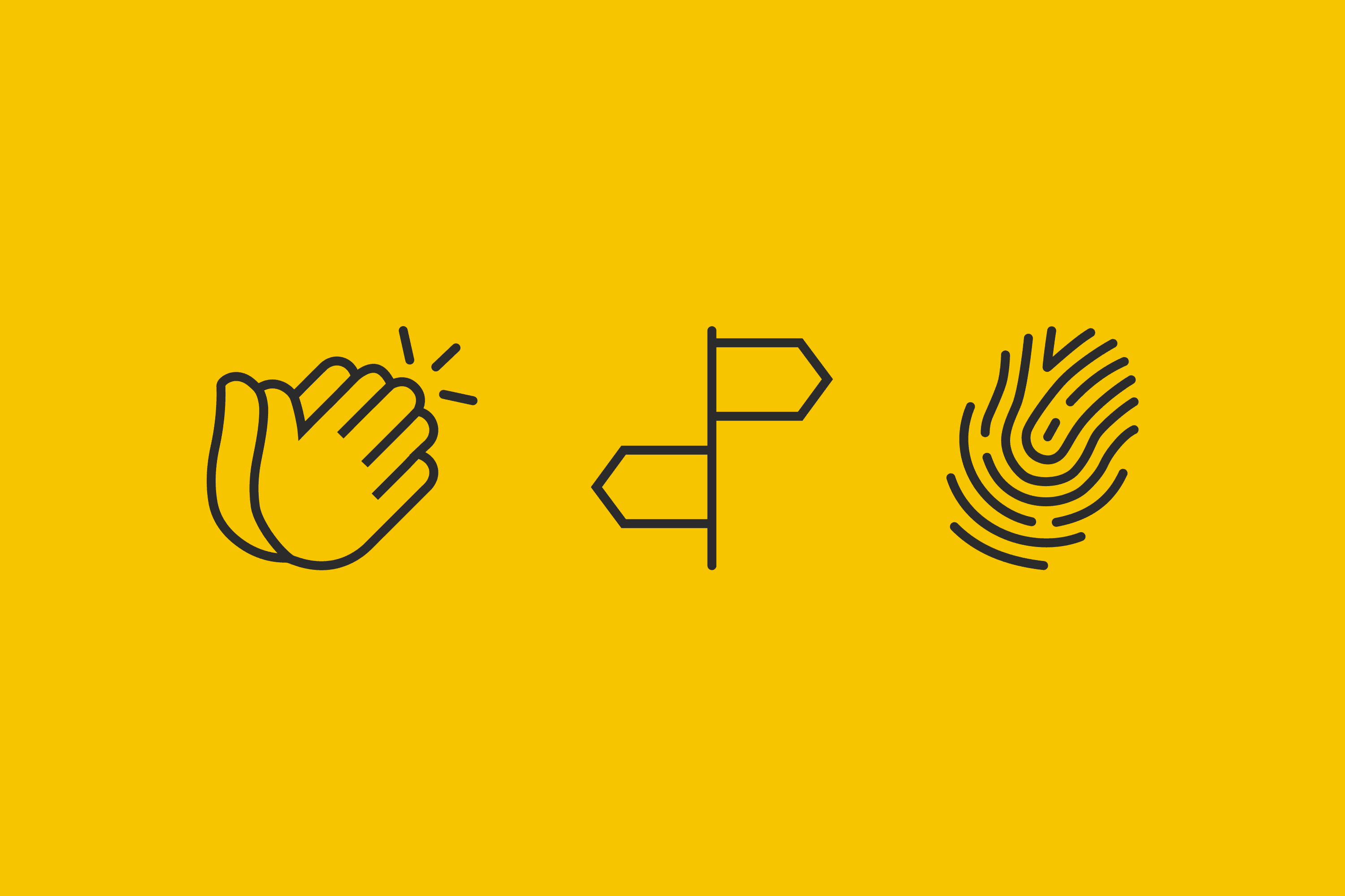 Clapping hands, directional signs, fingerprint icon