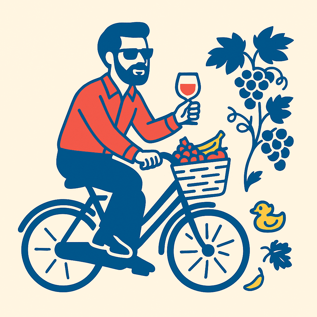 un homme sur un vélo avec un verre de vin à la main