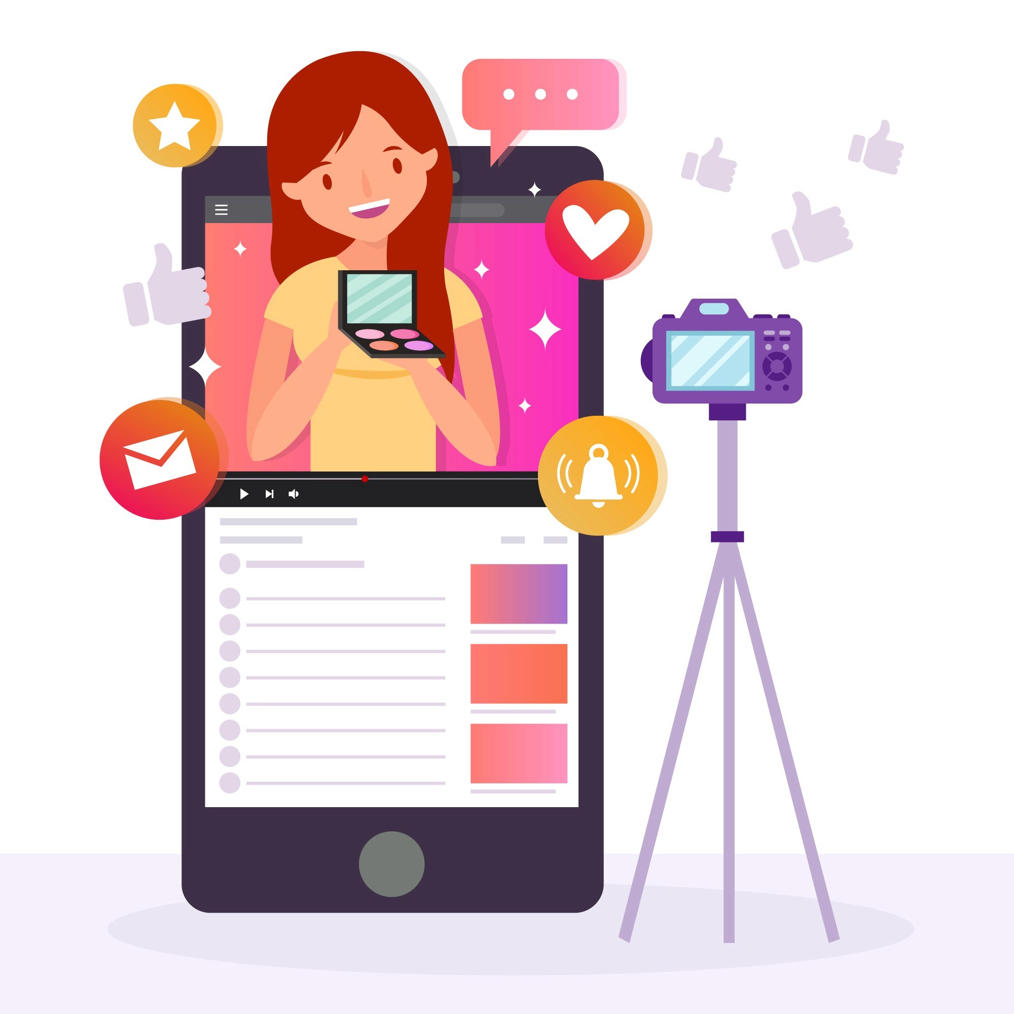 Beauty influencer recording a makeup tutorial on mobile with likes and engagement icons