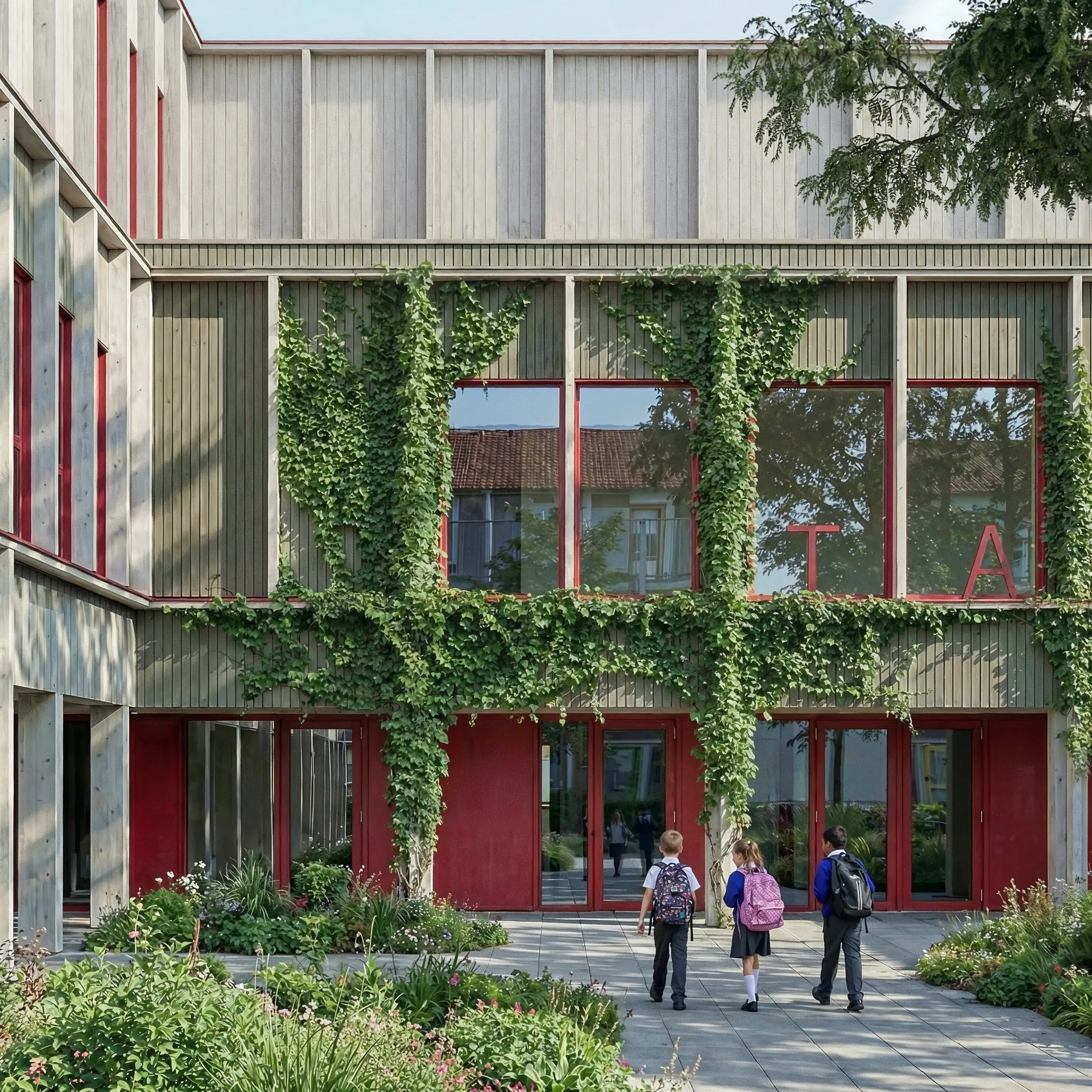 Primary school exterior with colourful facade and playground — KC Tanthof-West Delft