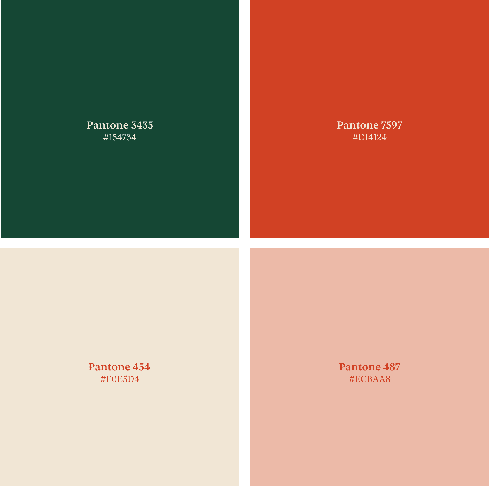 Four squares showing the color palette with text written on each square informing of the proper hex code and Pantone code for each color.