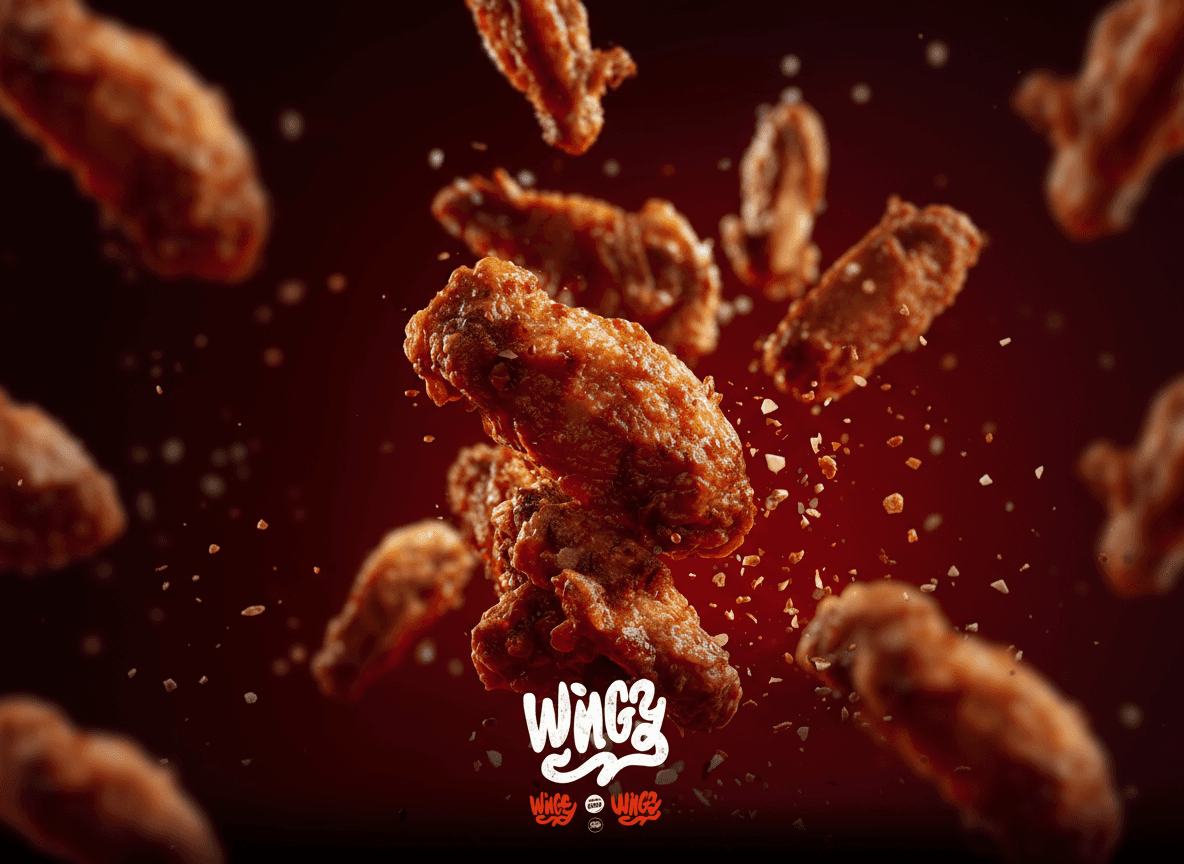 Dynamische Produktfotografie knuspriger Buffalo Wings in Bewegung für Food-Marketing-Kampagne