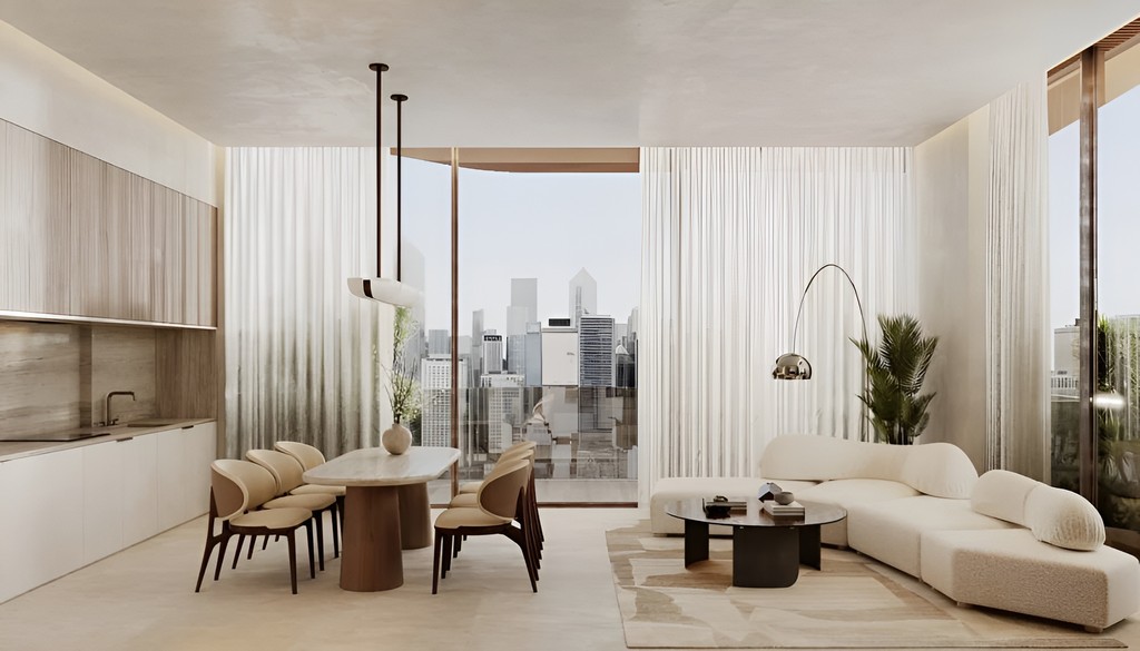 Modern living room at Helvetia Verde featuring a panoramic view of the city skyline through large windows.