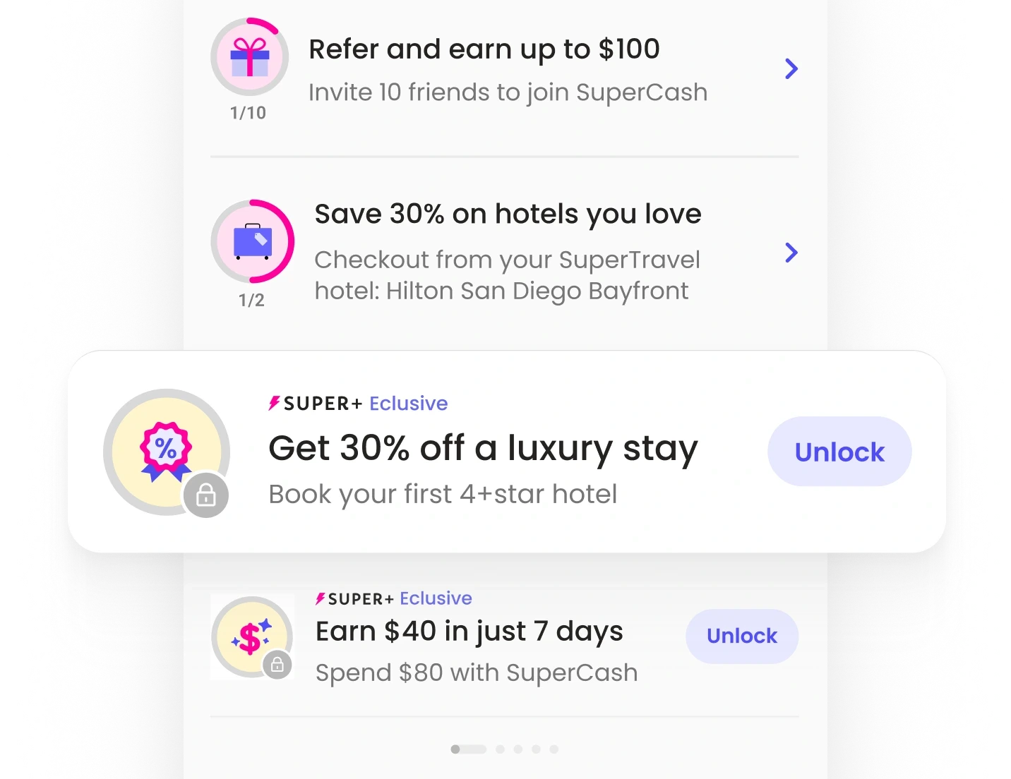 UI mockup of Super.com’s Missions showing exclusive Super+ rewards like 40% off luxury stays and $40 cashback, demonstrating how tiered missions encouraged upsells and deeper engagement.