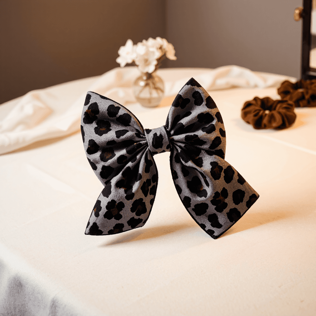 product photography of a patterned hair accessory with a bow design