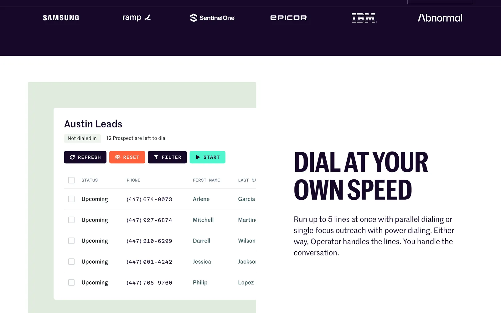 Orum's call list view, with up to 5 parallel lines