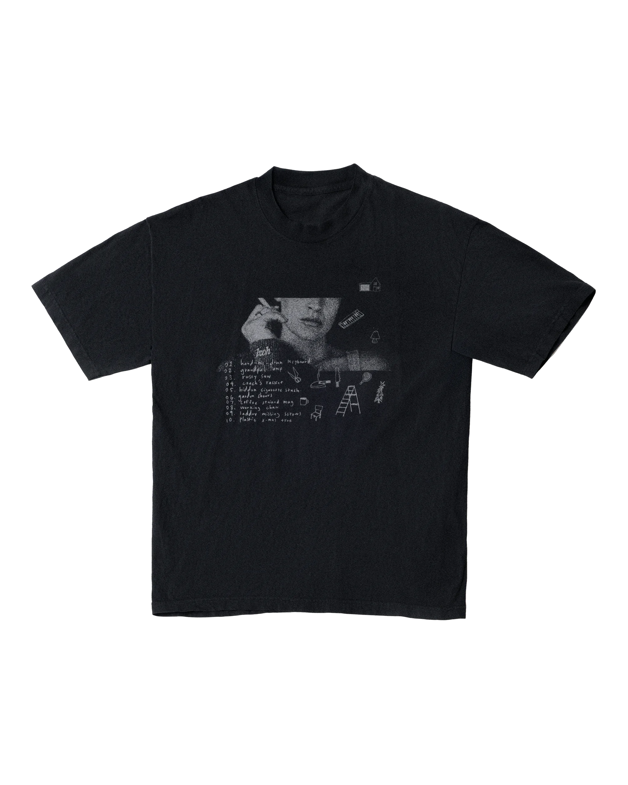 Flat lay of the Post-Work Smoker T-shirt by Gearld Canaday IV for Volume LWH. A black tee featuring a distressed white graphic print handwritten text and hand-drawn illustrations over a monochromatic photo portait print.