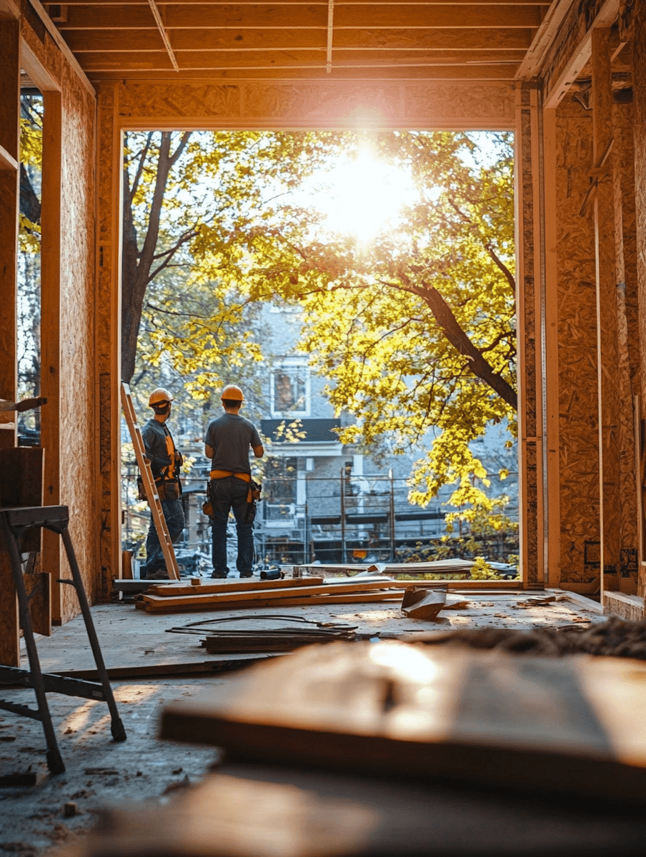 Two electricians, wearing helmets and tool belts, stand inside a partially built wooden house.