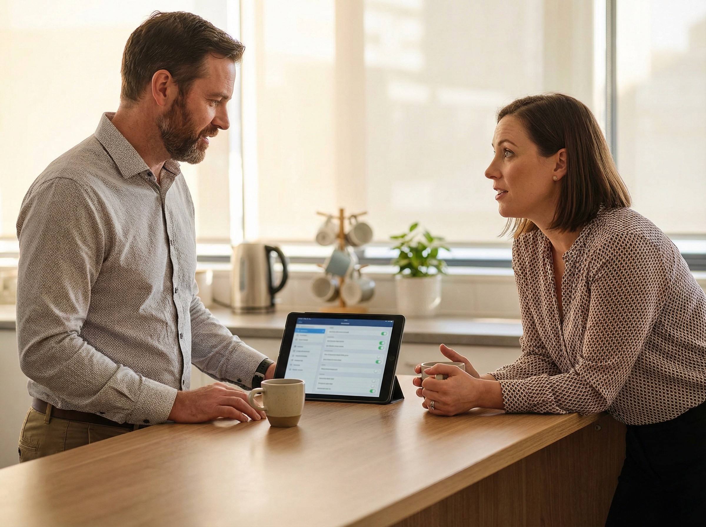 A WHS compliance lead in his early 40s and a HR manager in her mid-30s standing at a high bench table in a bright, modern office kitchen area during what looks like an informal working conversation. He has a tablet propped against a coffee cup, showing a list-style interface with labelled rows and toggle switches — visible as structured elements but not legible. She is holding her own coffee, leaning one elbow on the bench, looking at the tablet and asking a question.