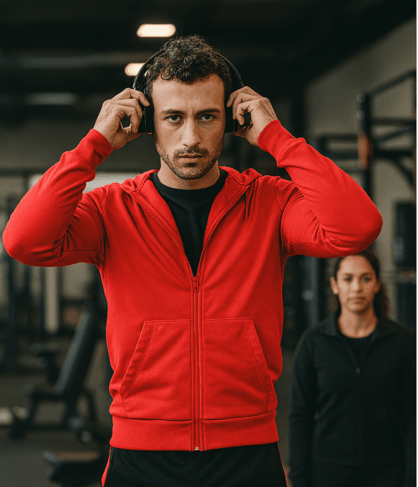 man at the gyn with red t shirt