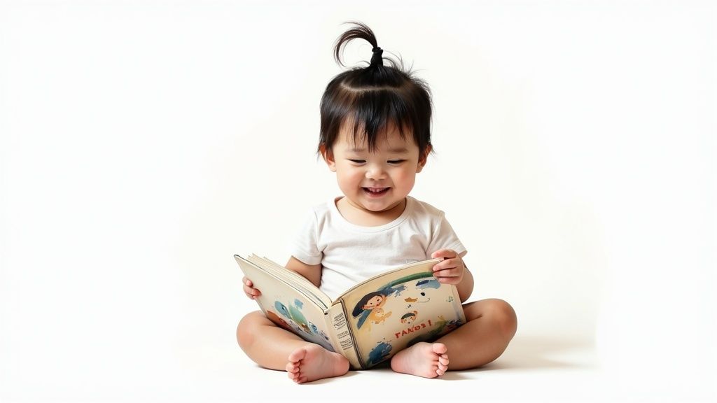 Happy toddler sitting cross-legged reading a colorful picture book on white background