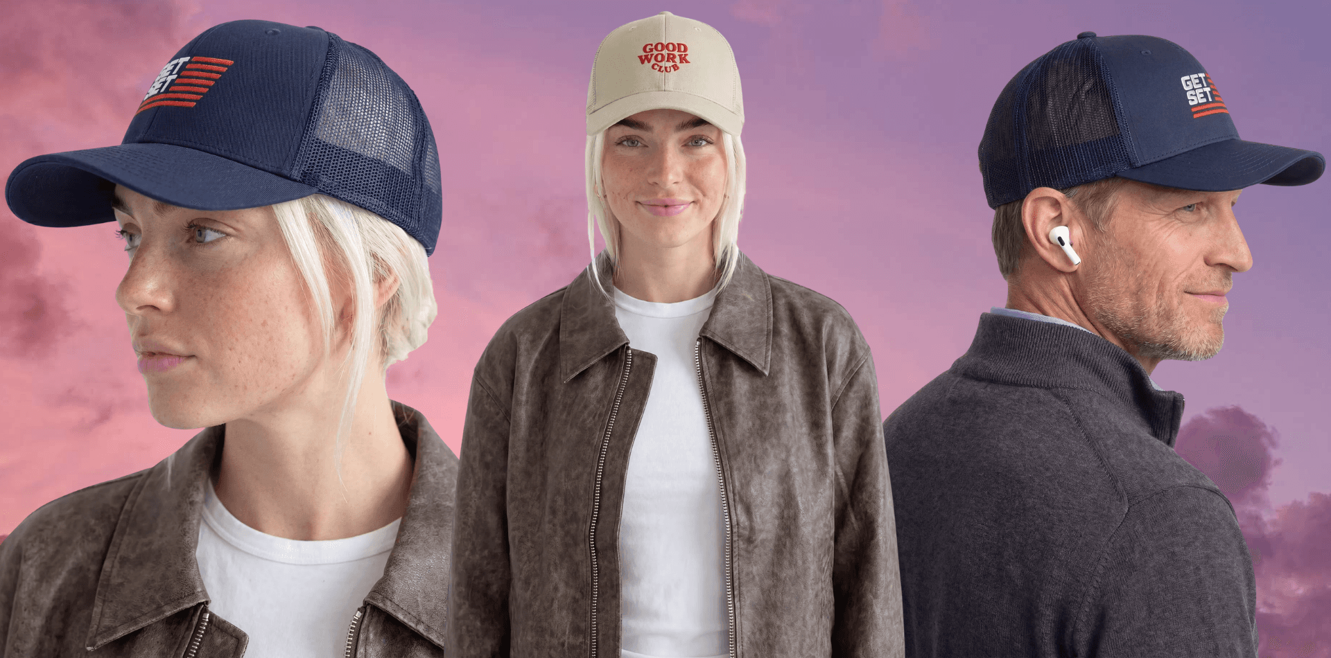 Custom branded baseball caps with embroidered logos worn by men and women for corporate merchandise and promotional apparel