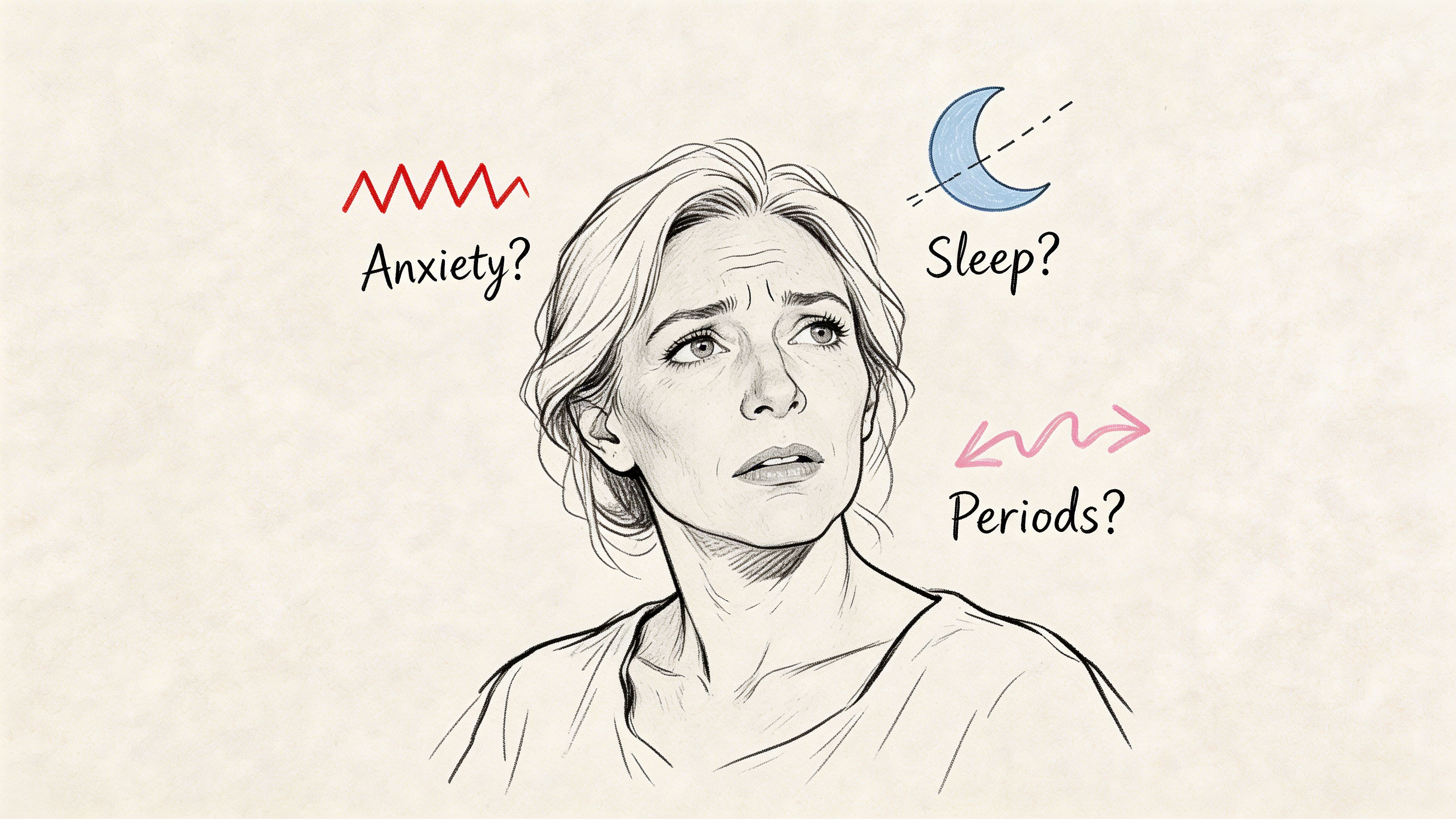 A worried woman surrounded by icons representing anxiety, sleep issues, and menstrual cycle irregularities related to perimenopause symptoms.