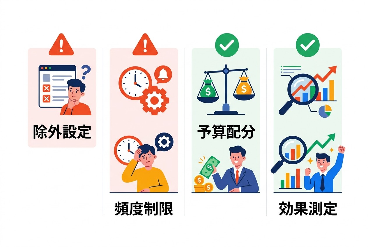 リターゲティング広告で失敗を避けるための4つの重要チェックポイント。これらを運用開始前と月1回の定期点検で確認することで、無駄な広告費を30-50%削減できる。