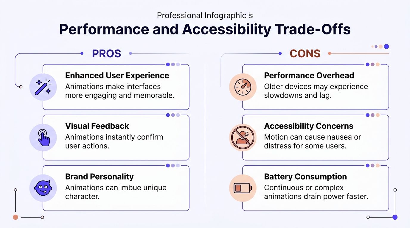 An infographic titled Performance and Accessibility Trade-Offs showing the pros and cons of website animations.